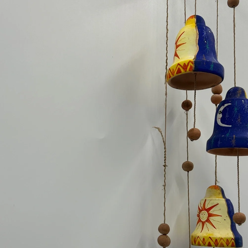 Handmade Celestial Clay Bell Wind Chime Sun Moon Star Terracotta Boho Zen Witchy